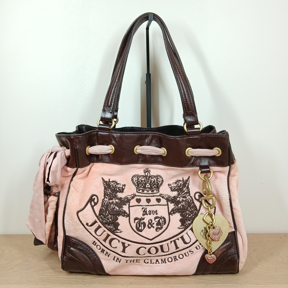 Juicy Couture Daydreamer Bag Womens Pink Brown Velour Leather Bow Heart Charm